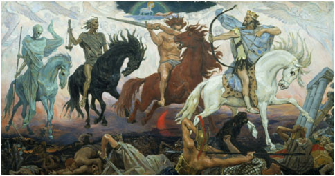 “Four Horsemen of the Apocalypse” (1887) by Viktor Vasnetsof, was inspired by The Revelation of John. – Photo: Wikipedia