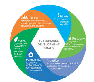 The Sustainable Development Goals documents are extremely detailed about the challenge ahead, but the six arenas in this wheel summarize the whole project. – Photo: UN.org
