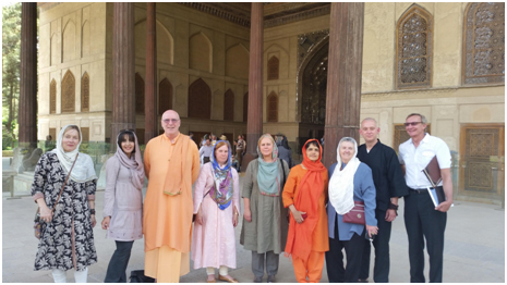 The team of religious leaders who visited Iran.Eight Americans were invited by the University of Religions and Denominations in Qom, for a conference: a Buddhist, Greg Snyder, two Hindus, Swami Atmarupananda and Swami Svatmavidyananda, a Christian Protestant seminary president, Serene Jones, a Benedictine Catholic nun, Sister Joan Chittister, and an Evangelical minister, Richard Cizik, joined by GPIW founder Dena Merriam and executive director Marianne Marstrand for a little over a week inside Iran. 
