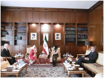 The group met with the wife of Iran Foreign Minister Mohammad Zarif. From the left, Greg Snyder, Dena Merriam, Maryam Zarif, and Richard Cizik.