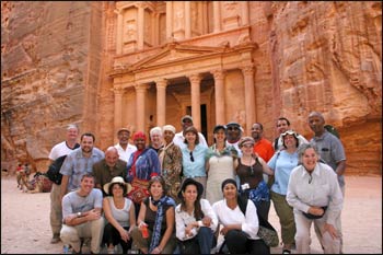 A World Pilgrims tour stops for a group photo at Petra, in Jordan.