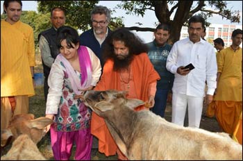 URI executive director Victor Kazanjian (in the glasses) with H.H. Swami Chidanand Saraswatiji, URI Global Council chair Kiran Bali, and URI UN representative Patrick Nickisch in Rishikesh, India. Here, they visit a cow care program with Project Hope, a disaster relief agency.