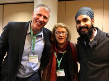 Paul Raushenbush and Diana Eck pose with SoF contributing scholar Simran Jeet Singh after State of Formation's first annual workshop at the American Academy of Religion. – Photo: SoF