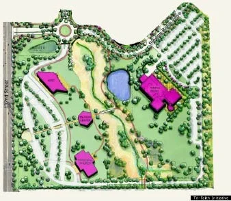 The Tri-State Initiative land has a six-sided shared faith center, surrounded by the Jewish temple on the right, the Muslim mosque on the upper left, and the Christian church on the bottom. – Graphic: Tri-Faiths Initiative