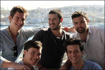 The Coexister global team (clockwise from top l.), Josselin, Ilan, Victor, Samuel, and Ismael, on their 50-country interfaith journey.