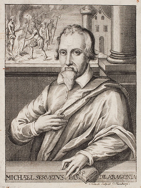 This etching was created by Christian Fritzsch in the 18th century, more than a hundred years after Servetus’ execution, which dominates the upper left of the portrait. – Photo: Wikimedia