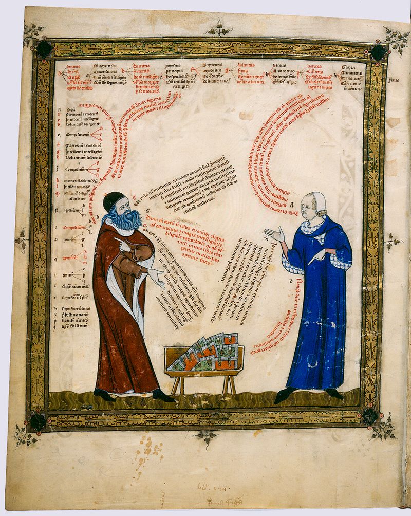 Painting by Thomas le Myésier of a theological discussion between Ramon Llull and the artist – Photo: Wikimedia, Badische Landesbibliothek, Cod. St. Peter perg 92, Blatt 11v