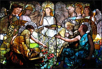 Science and Religion are portrayed in harmony in this Tiffany window titled “Education” (1890). Photo: Wikipedia