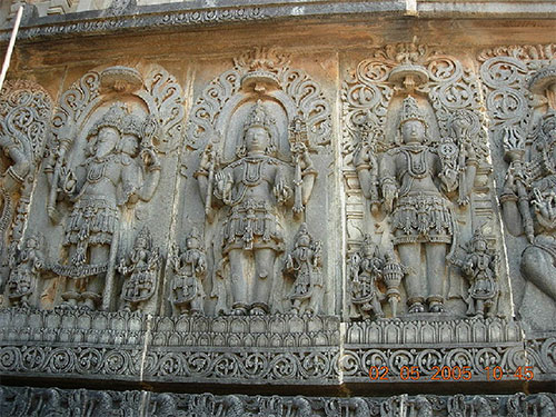 Brahma, Vishnu and Shiva at a temple in Halebidu – Photo: Wikipedia