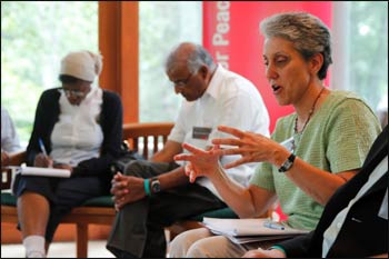 Dr. Susan Kopp, Secretary of Religions for Peace USA, shares a thought during the Executive Council Retreat in August.