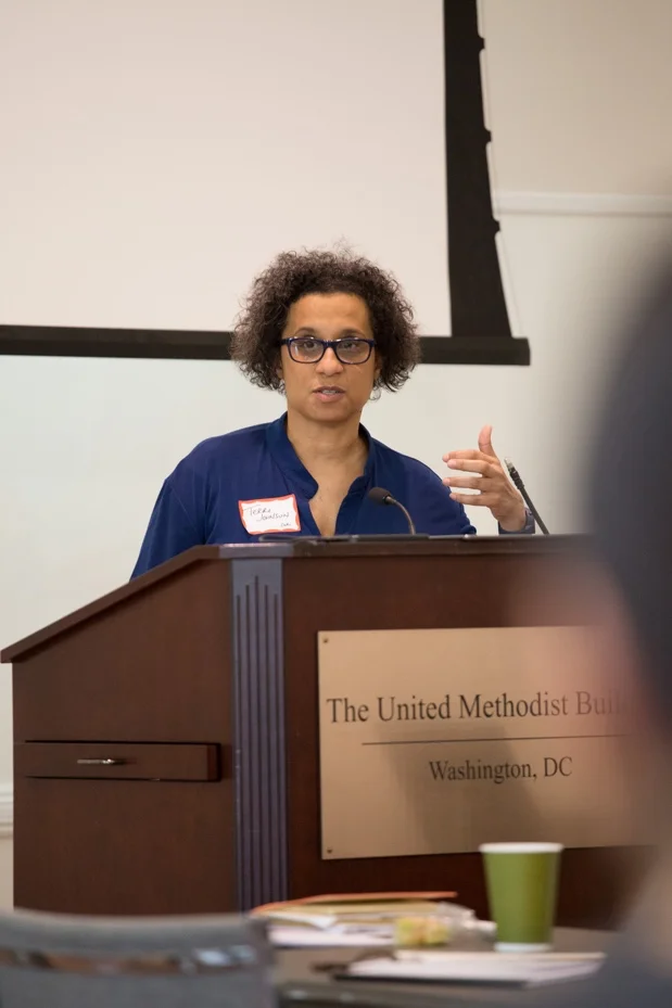 At the gathering of religious leaders earlier this month, Terri Johnson, executive director of the Center for New Community (CNC), talks about the threats to Muslim, Arab, and South Asian communities and CNC research. – Photo: Steven D. Martin/National Council of Churches.