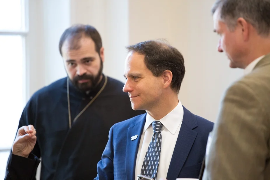 Dr. Nathanael Symeonides (Greek Orthodox Archdiocese of America), Rabbi Jonah Pesner (Union for Reform Judaism), and Rev. Fletcher Harper (GreenFaith) listen to one of their fellow participants talking about resistance. – Photo: Steven D. Martin/National Council of Churches.