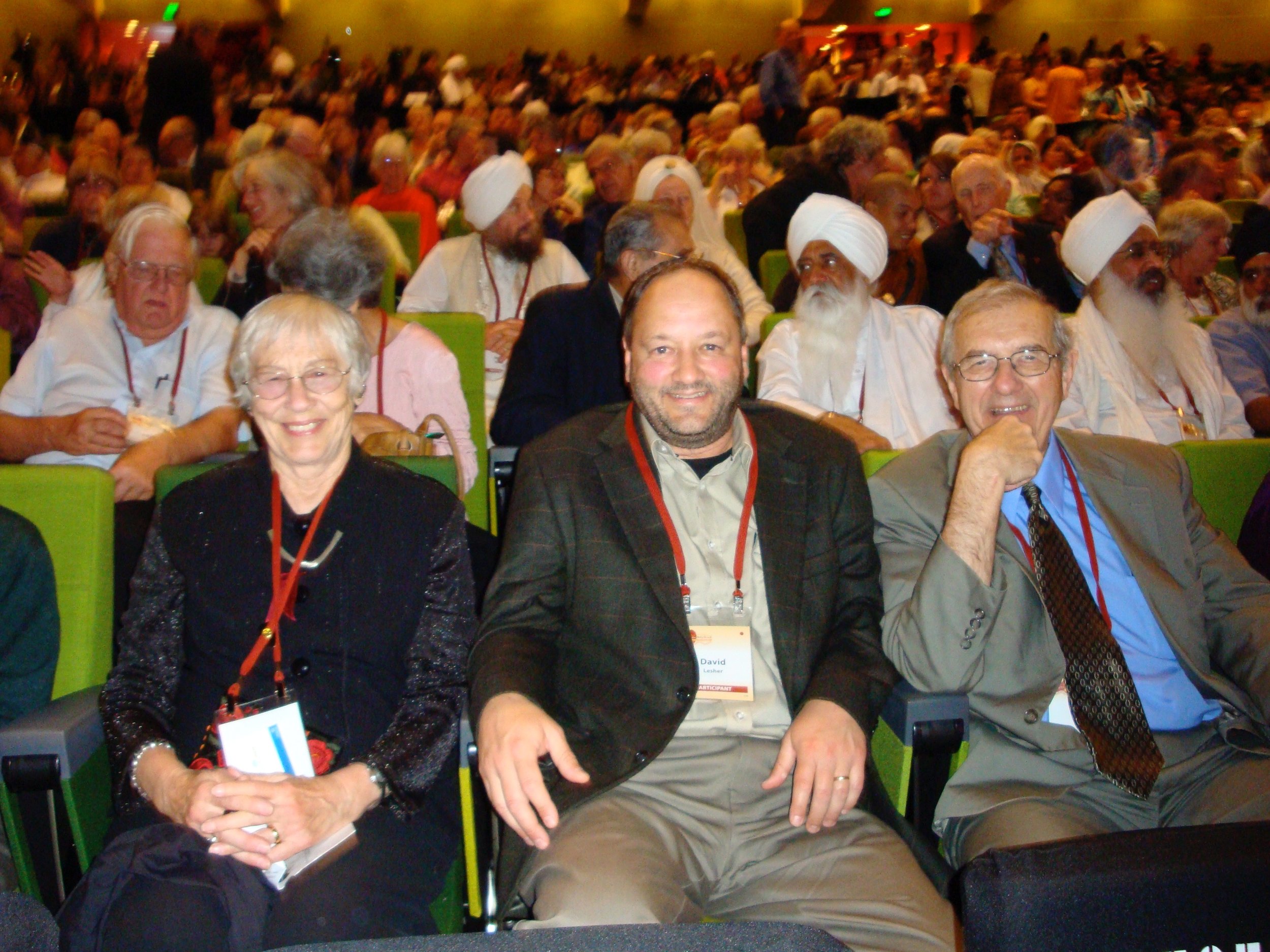 Jean and Bill Lesher’s son David sits between them at a program during the 2009 Parliament in Melbourne – Photo: the Leshers