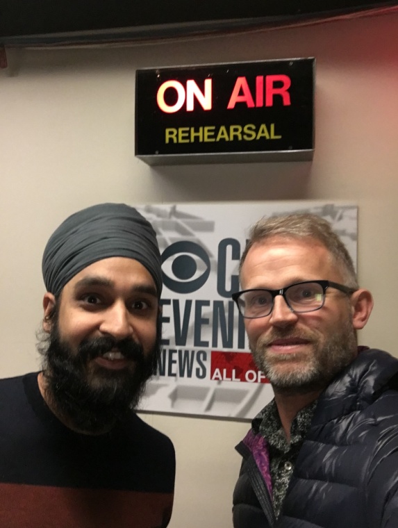 Simran Jeet Singh and Bud Heckman, friends, neighbors, and interfaith activists, at CBS for interfaith work on their Religion and Culture project. – Photo: BH