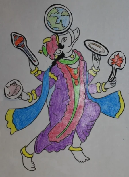 Sample craft done by our Preschool-Kindergarten class at Jubilee! Community Church in Asheville, North Carolina. Earth rests on Varaha’s tusks, while he carries the four objects associated with Vishnu (conch shell, mace, chakra/discus, lotus flower) – Photo: VG