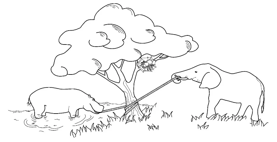 Elephant and Hippopotamus story illustration used in our Bible-based, interfaith Peace curriculum for kids – Photo: VG