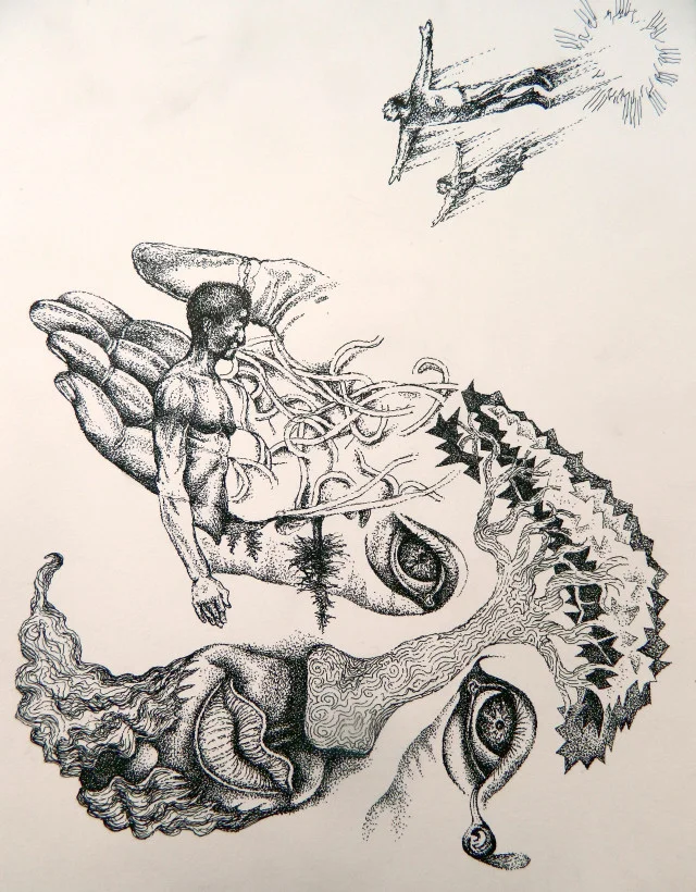 “Born of the Sun” ink on paper 14” x 8” – Andre Van Zijl