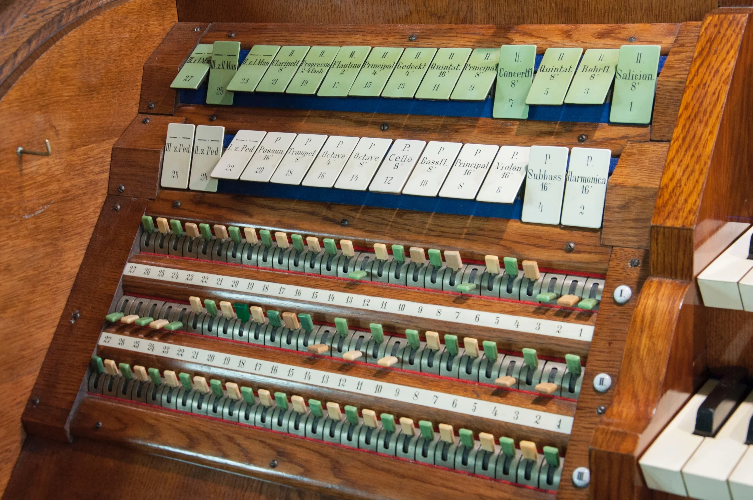 The combination action on the Sauer Organ.