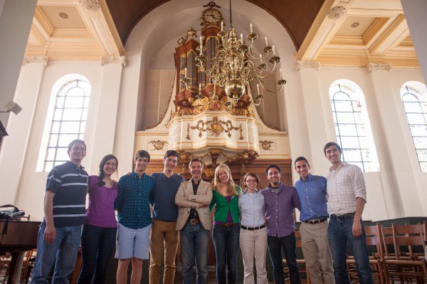 We pose with Anton Pauw in front of the van Covelens organ in the Nieuwe Kerk in Haarlem.