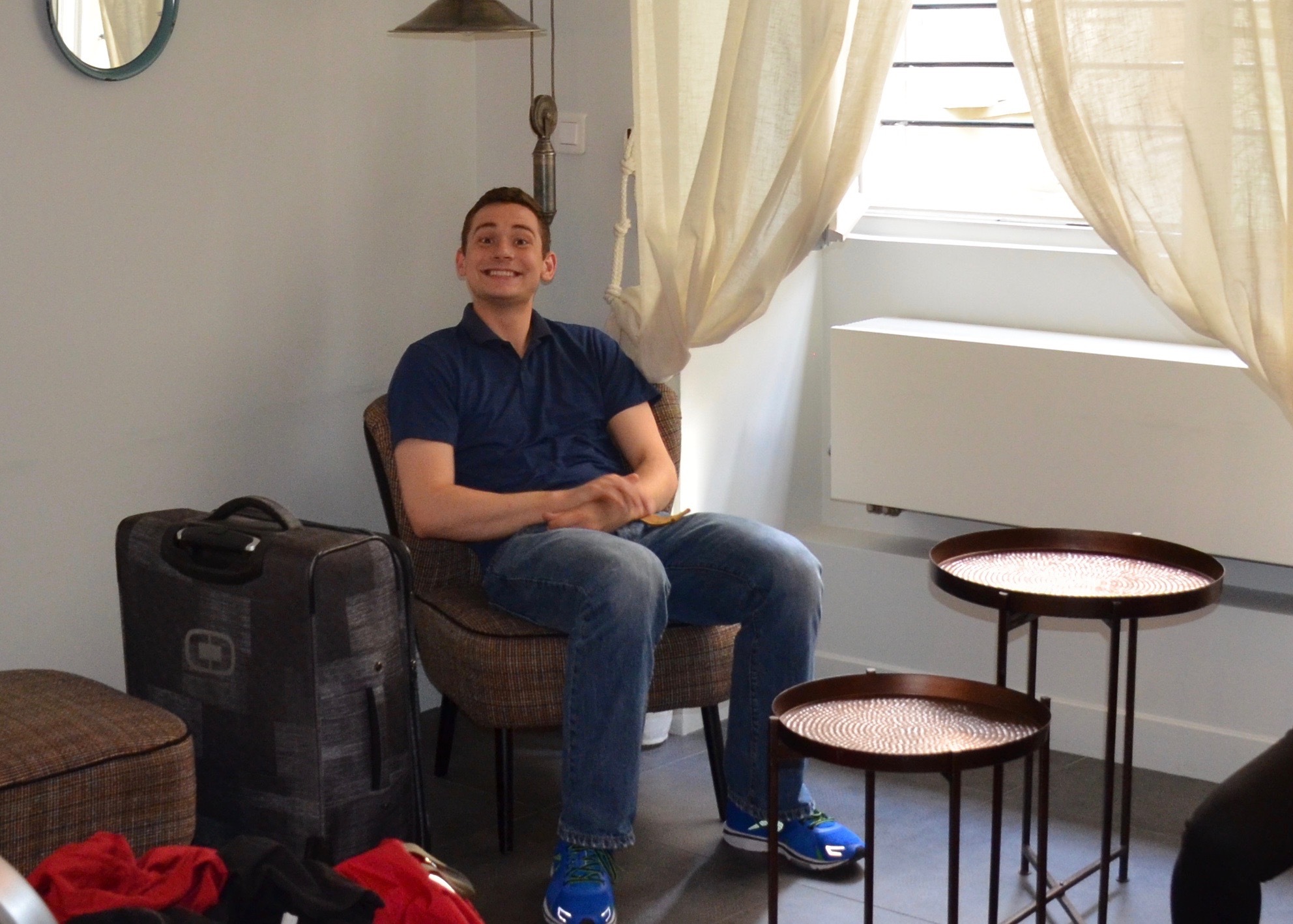 David excited to be in the Paris apartment! -Boston Organ Studio Trip