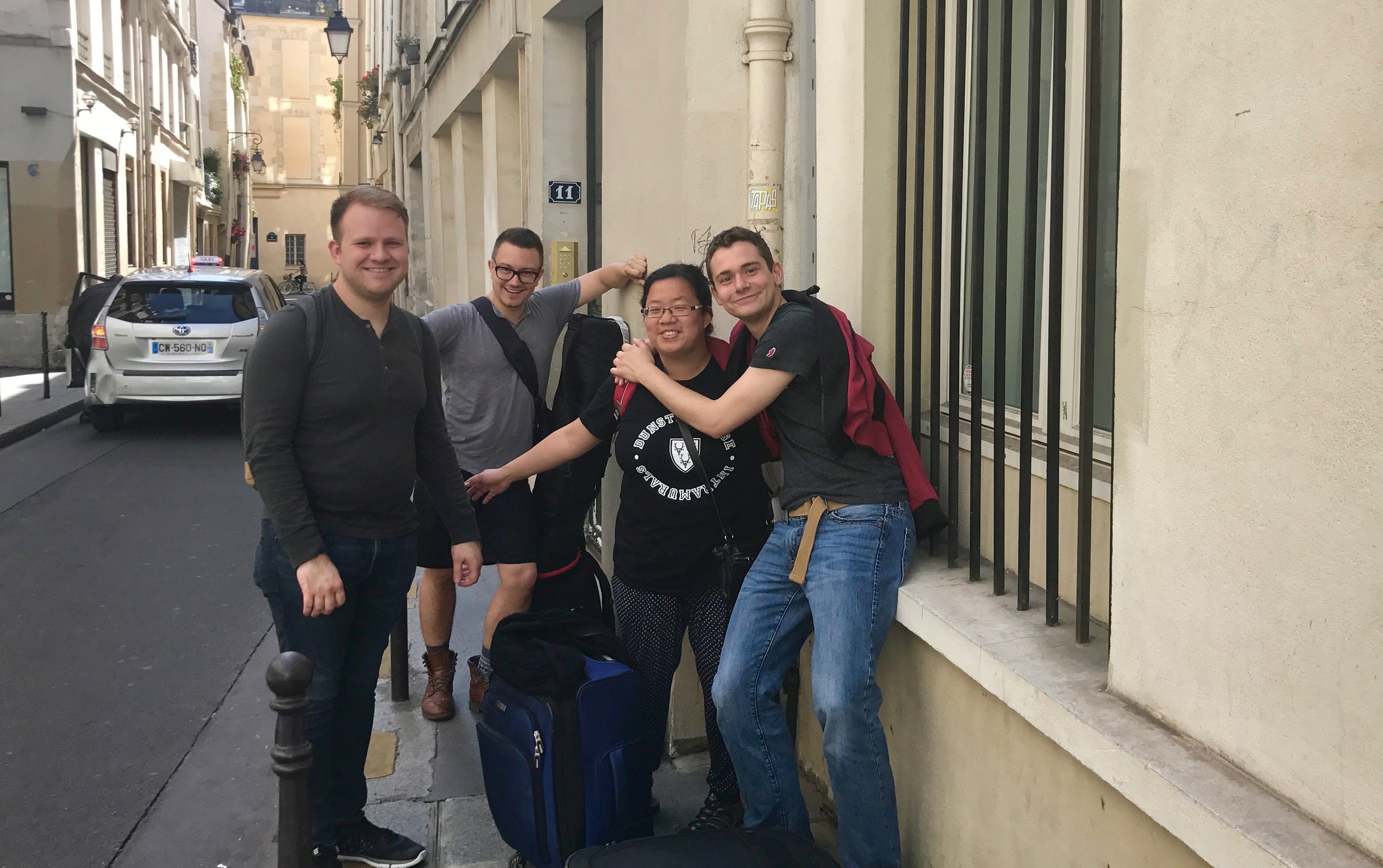 Billy, Corey, Jennifer, and David outside the Paris apartment - Boston Organ Studio Trip