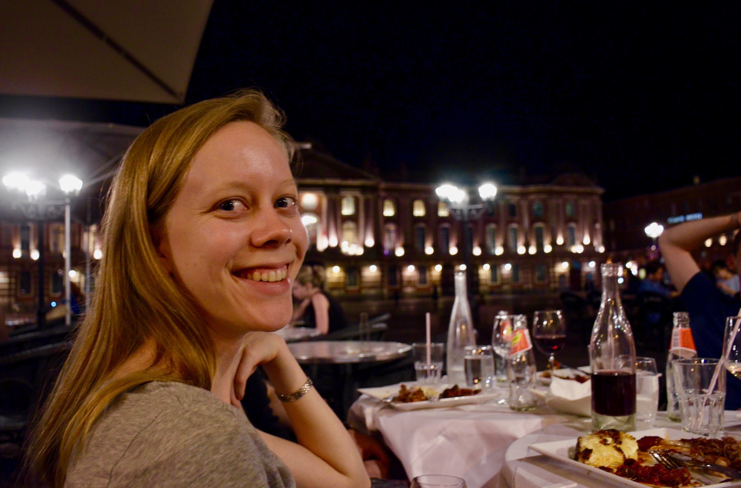 Laura Gullett enjoying a meal in the square