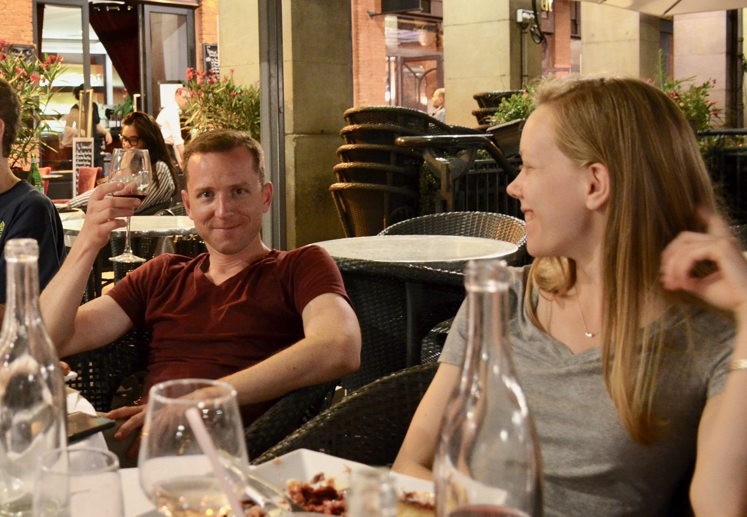 Christian Lane and Laura Gullett enjoying a meal in the square