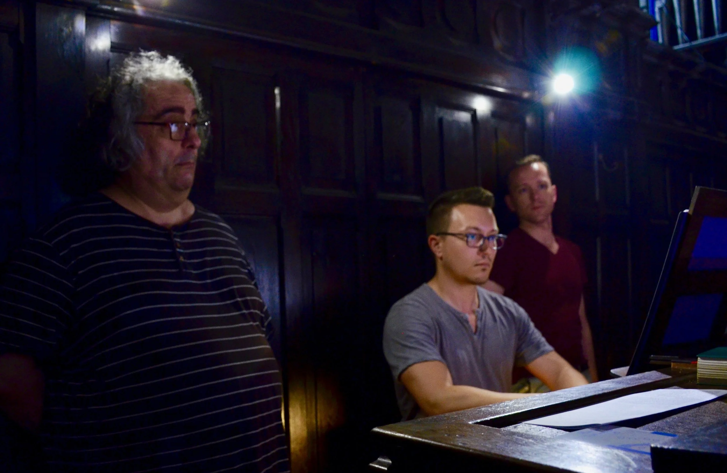 Corey De Tar plays the organ of Notre Dame du Taur, with Jean-Claude Guidarini and Christian Lane looking on. 