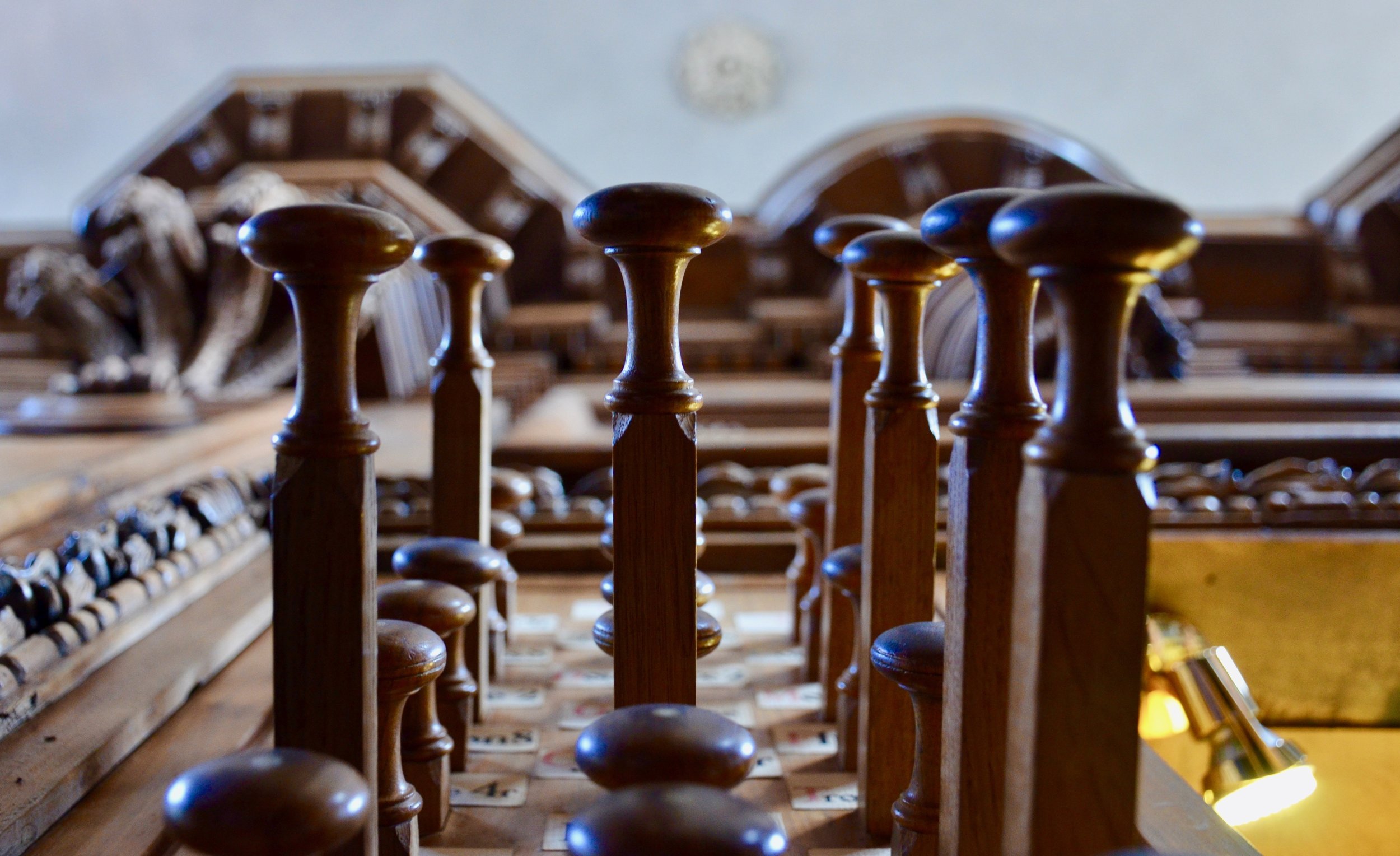 Stop knobs on the organ at St Pierre des Chartreux, Toulouse