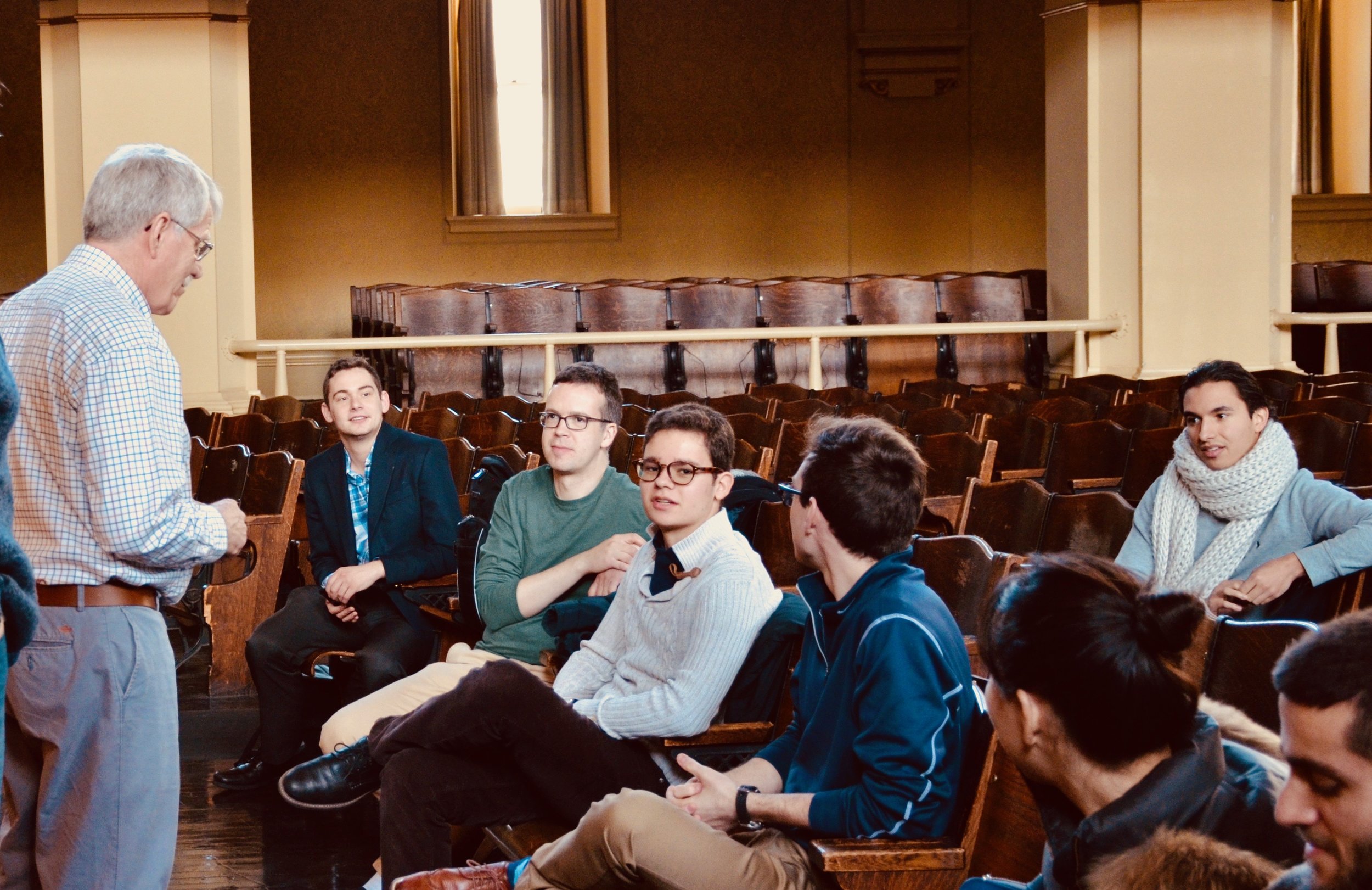Organ Curator Joe Dzeda introduces the Woolsey instrument to members of Boston Organ Studio. 