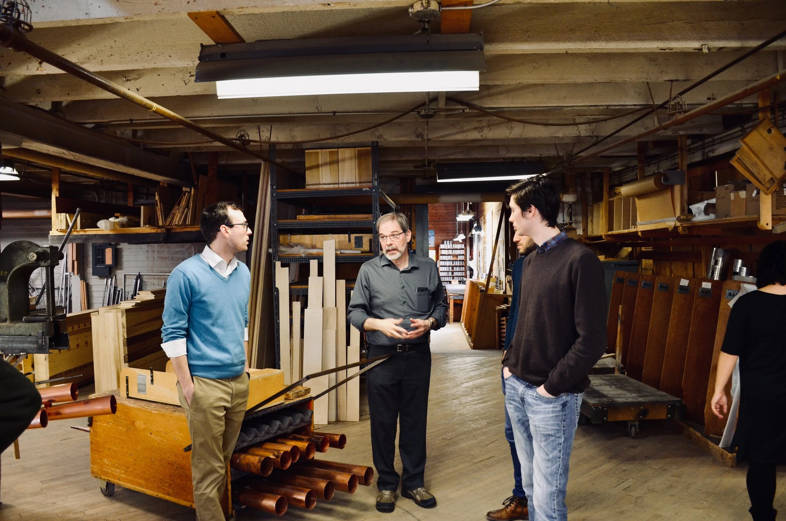 Denis Blain, Kade Phillips, Elliot Parlin. Boston Organ Studio tour of the Casavant Pipe Organ Shop, St-Hyacinthe, Quebec