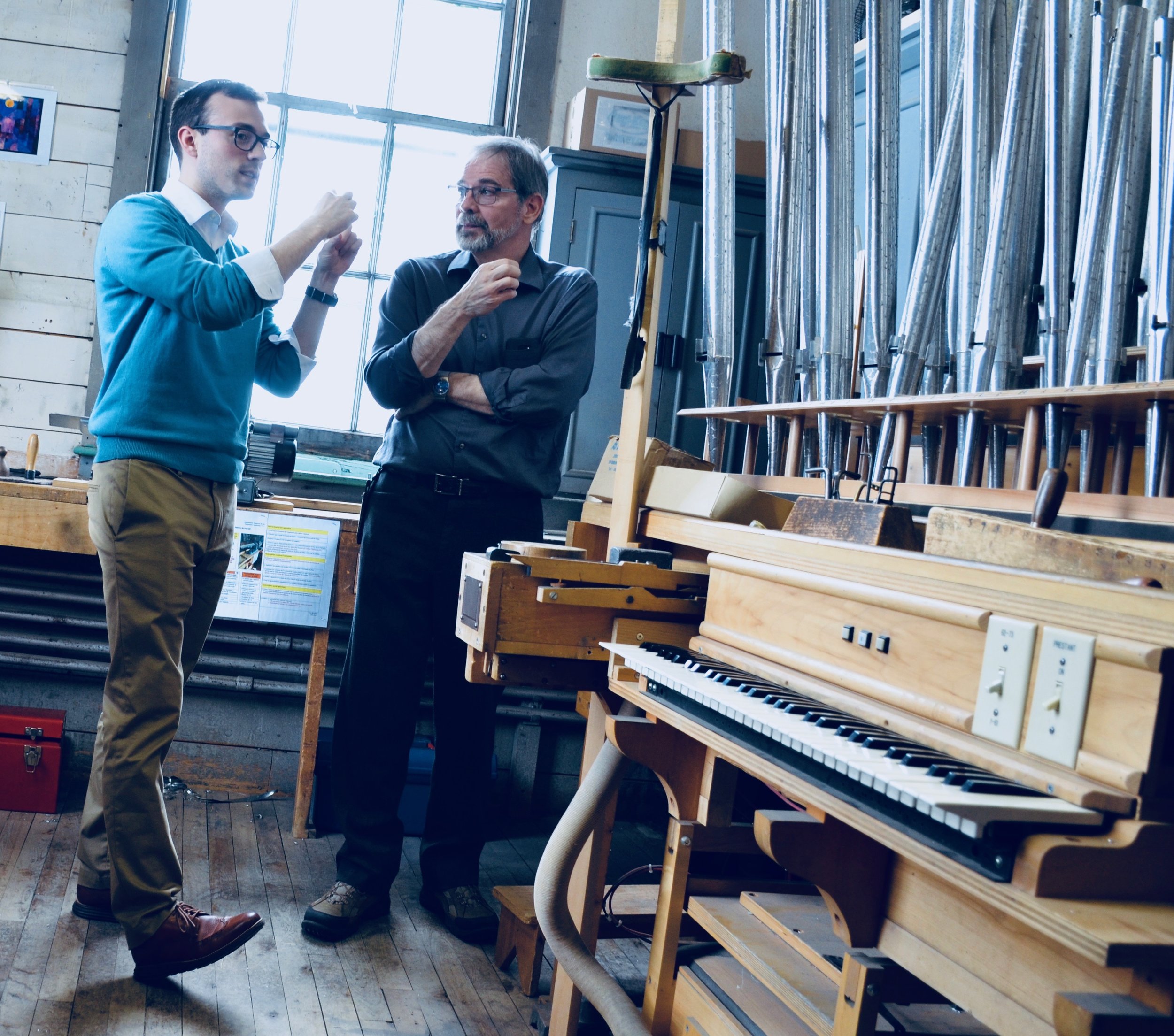  Kade Phillips and Denis Blain.&nbsp;Boston Organ Studio tour of the Casavant Pipe Organ Shop, St-Hyacinthe, Quebec 