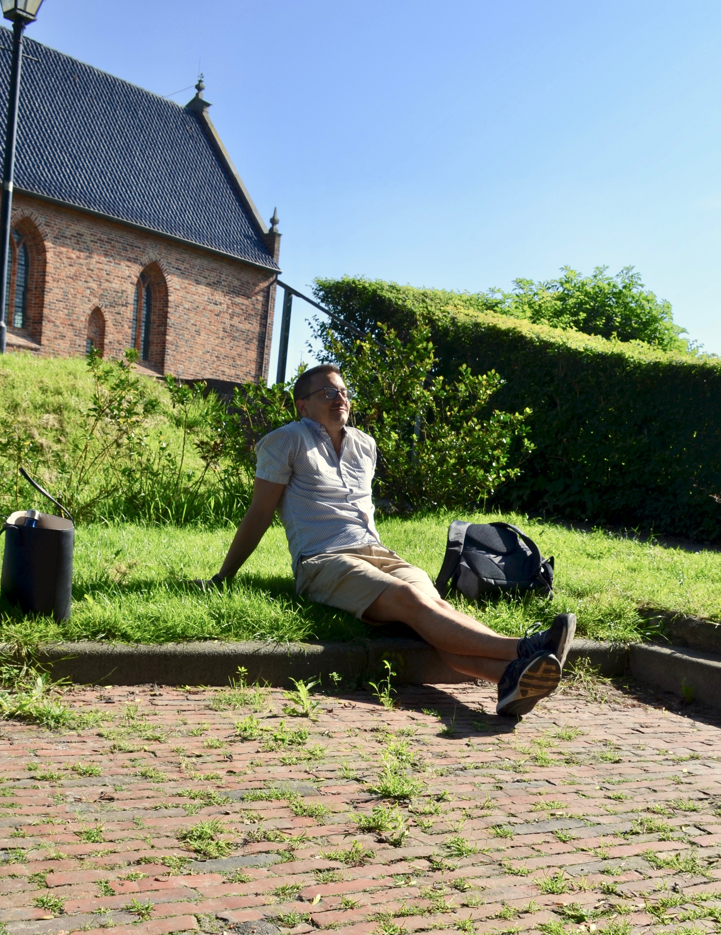 Corey De Tar outside the church in Kantens, Holland.