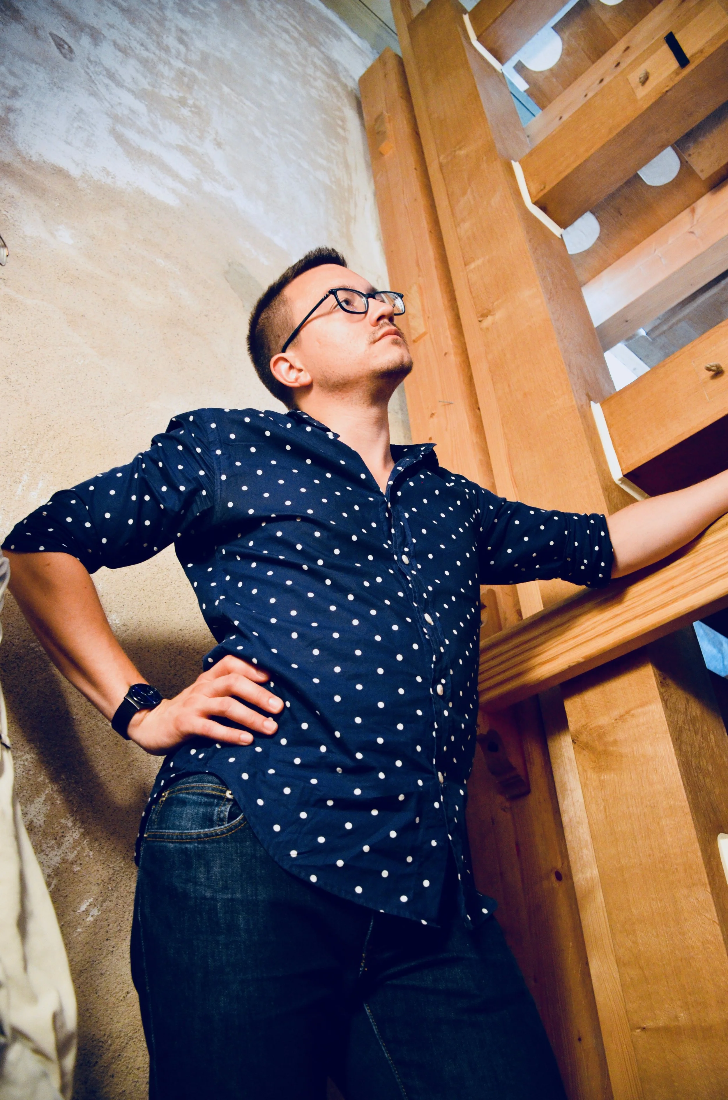 Corey De Tar listens as Hans Davidsson introduces the 2000 GoART North German Baroque Research Organ in Örgryte New Church, Göteborg, Sweden.