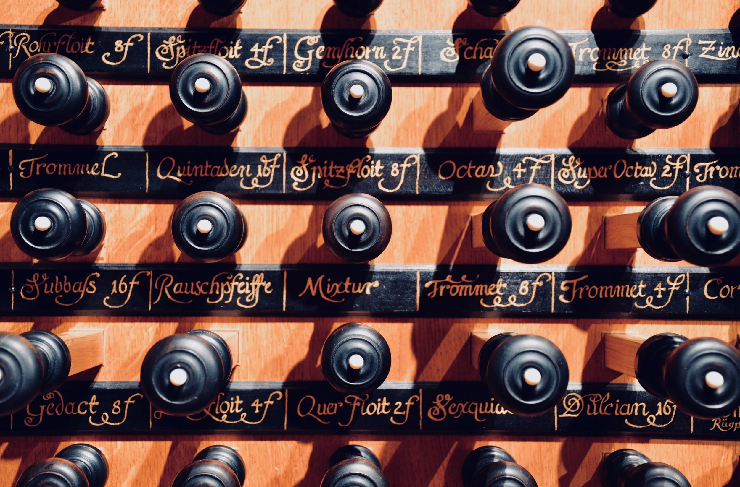 Stopknob detail, 2000 GoART North German Baroque Research Organ in Örgryte New Church, Göteborg, Sweden.