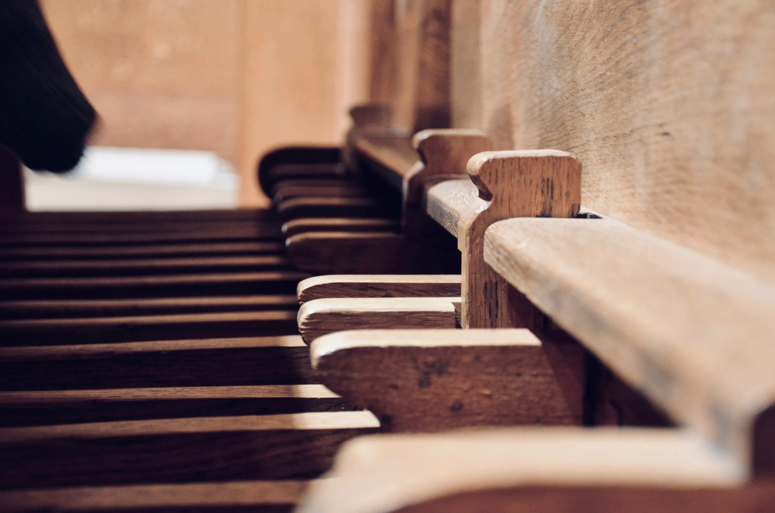 Pedal board detail, with sub-semitones, 2000 GoART North German Baroque Research Organ in Örgryte New Church, Göteborg, Sweden.