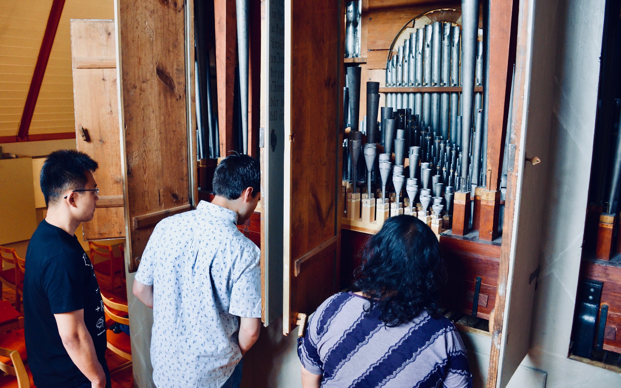 Looking inside the organ case of the 1783 Schiörlin organ in Jonsered, Sweden. 