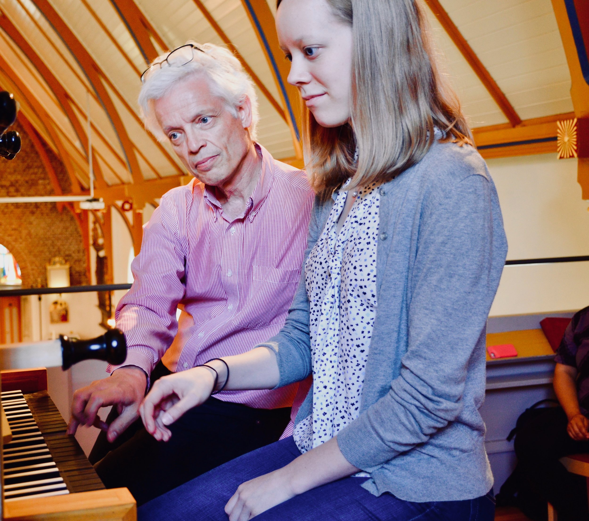 Hans Davidsson coaches Laura Gullett on the 1783 Schiörlin organ in Jonsered, Sweden.