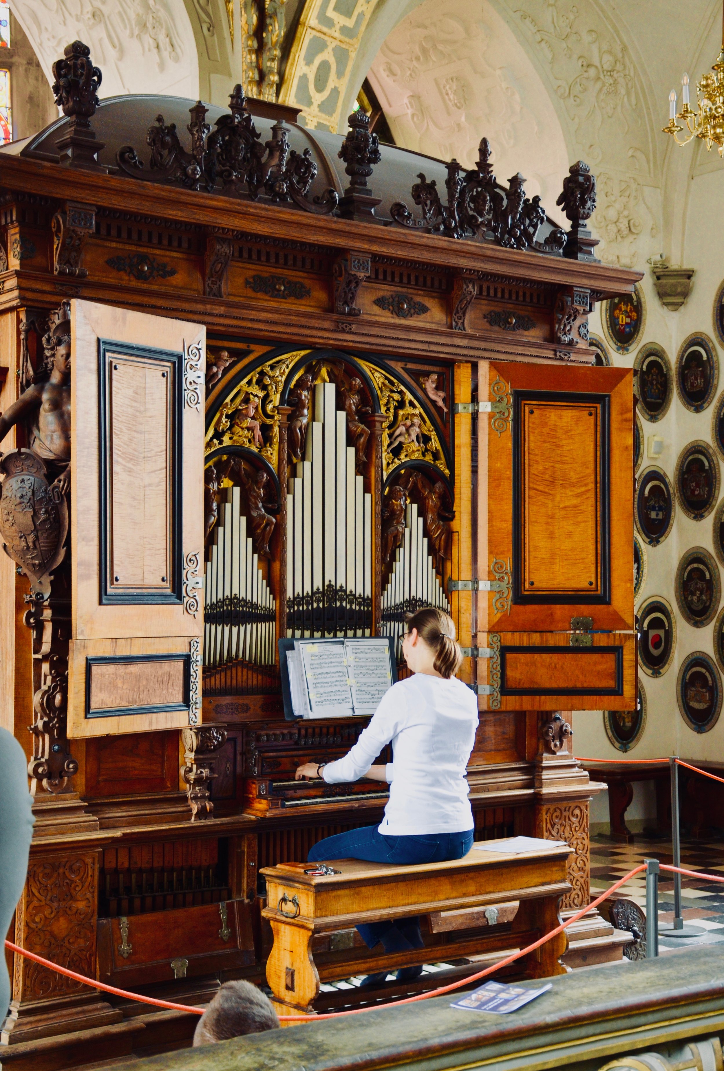 Castle organist Bine Bryndorf performs on the 1610 Compenius organ, Frederiksborg Castle, Hillerød, Denmark.