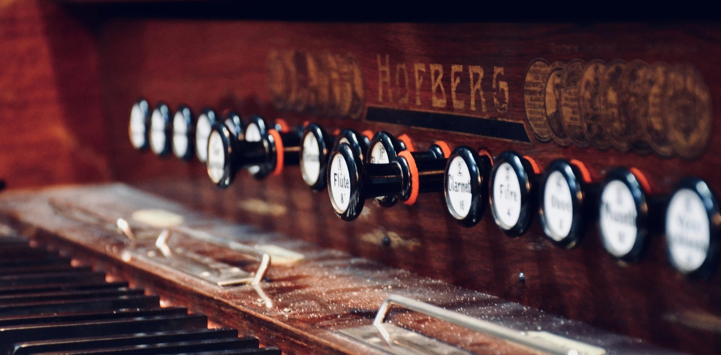 Keydesk detail, harmonium at Jesuskirke, Copenhagen.