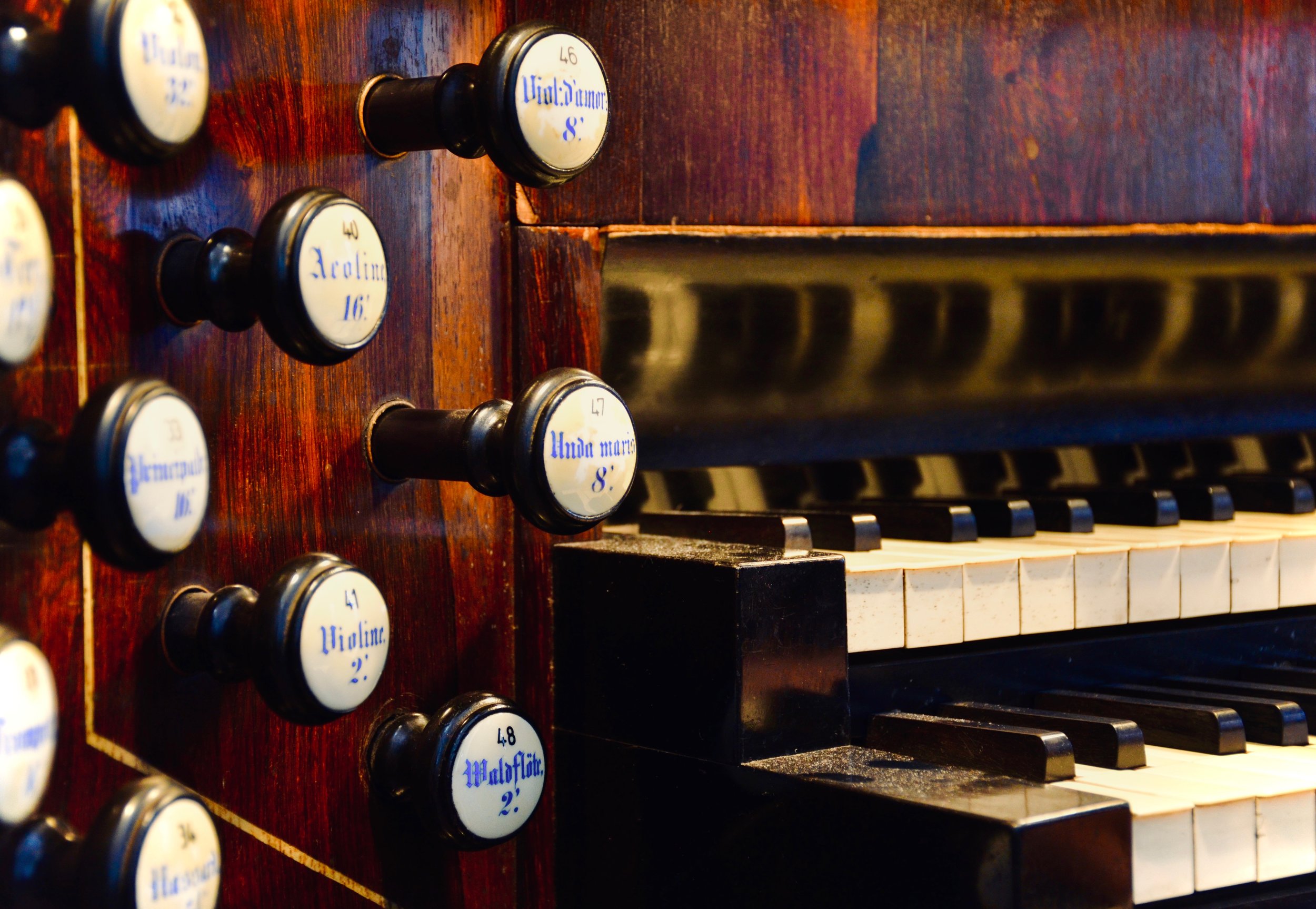 Console detail, 1871 Ladegast Organ, Schwerin Dom. Boston Organ Studio.