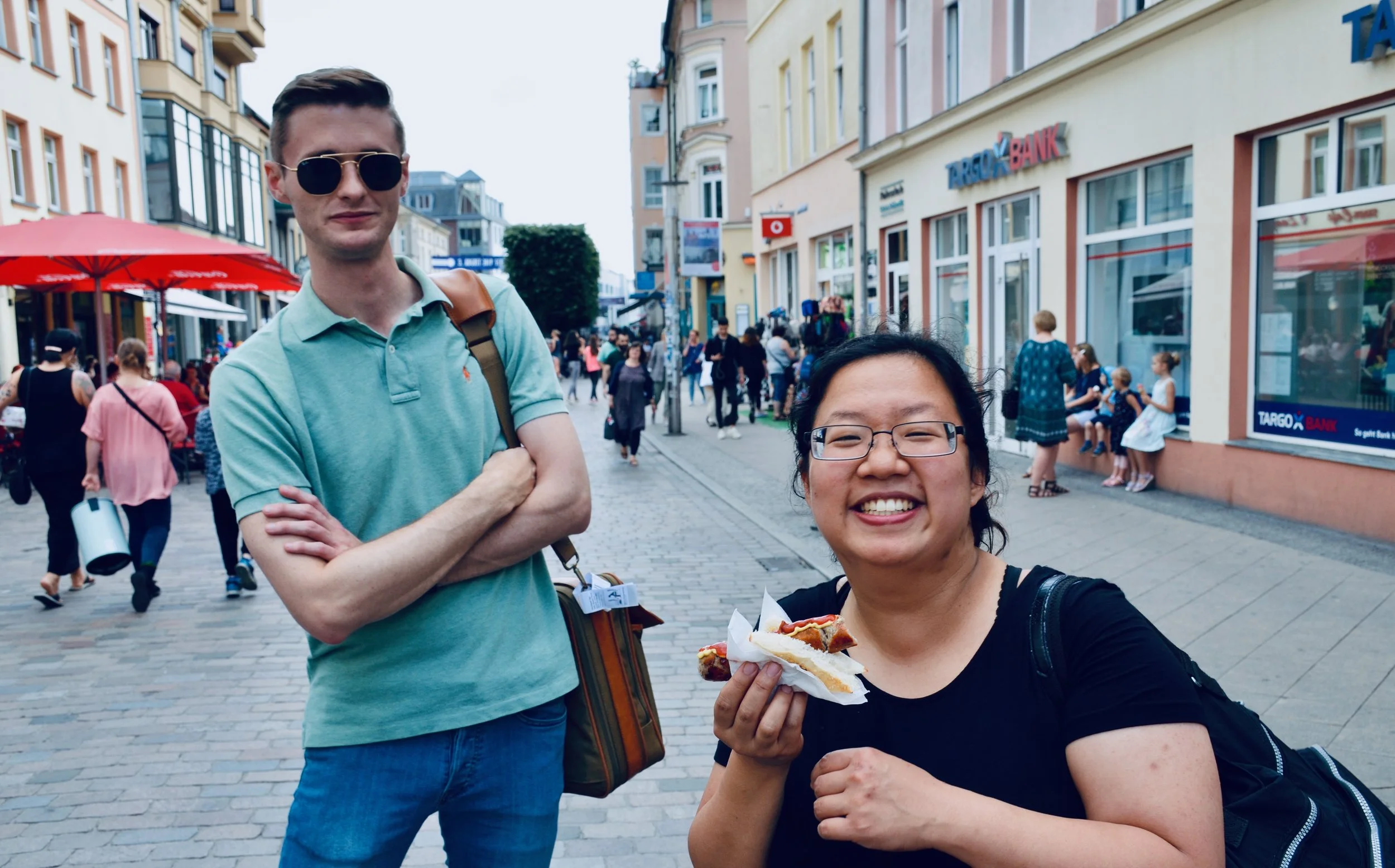 Jennifer enjoys some bratwurst in Scherwin.