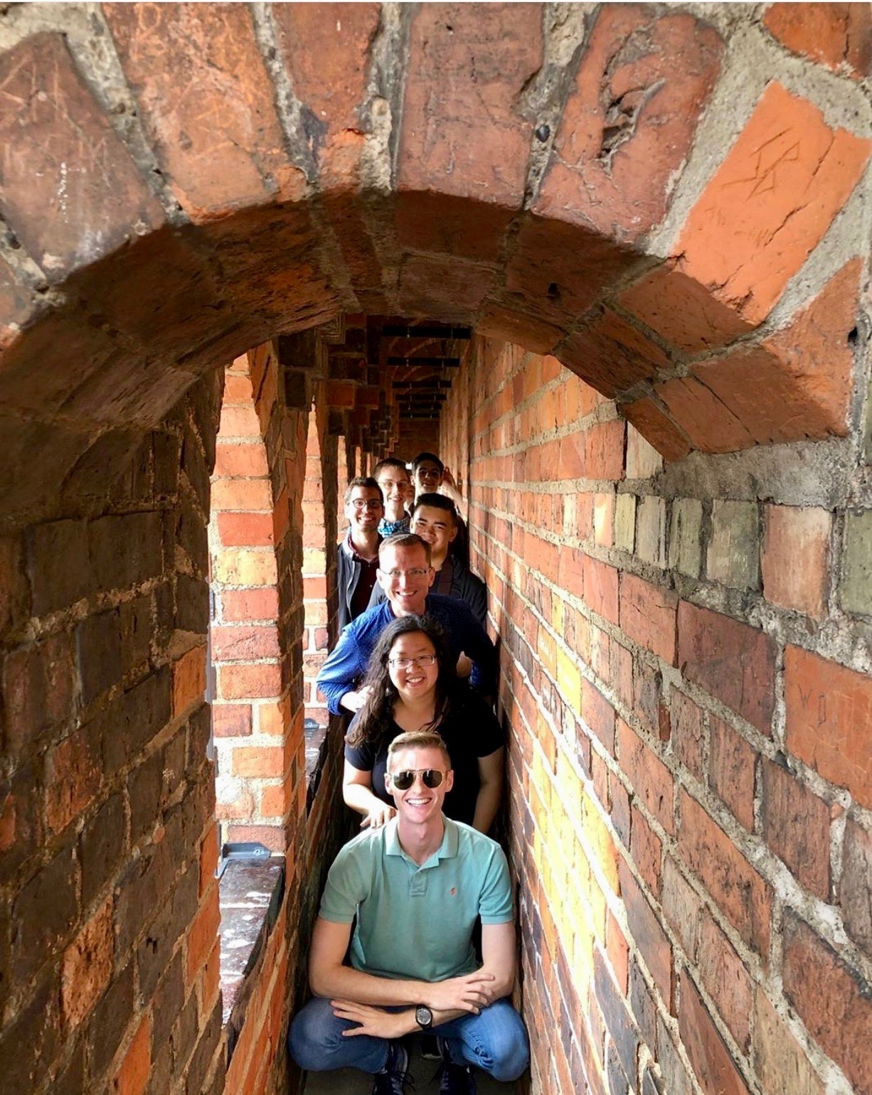 In the narrow walkway of the cathedral tower.