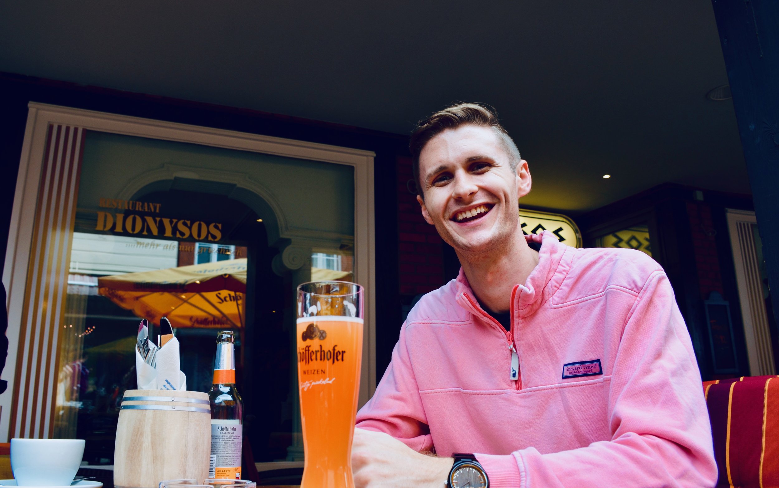 Evan Currie enjoys lunch in Stade, Germany. Boston Organ Studio.