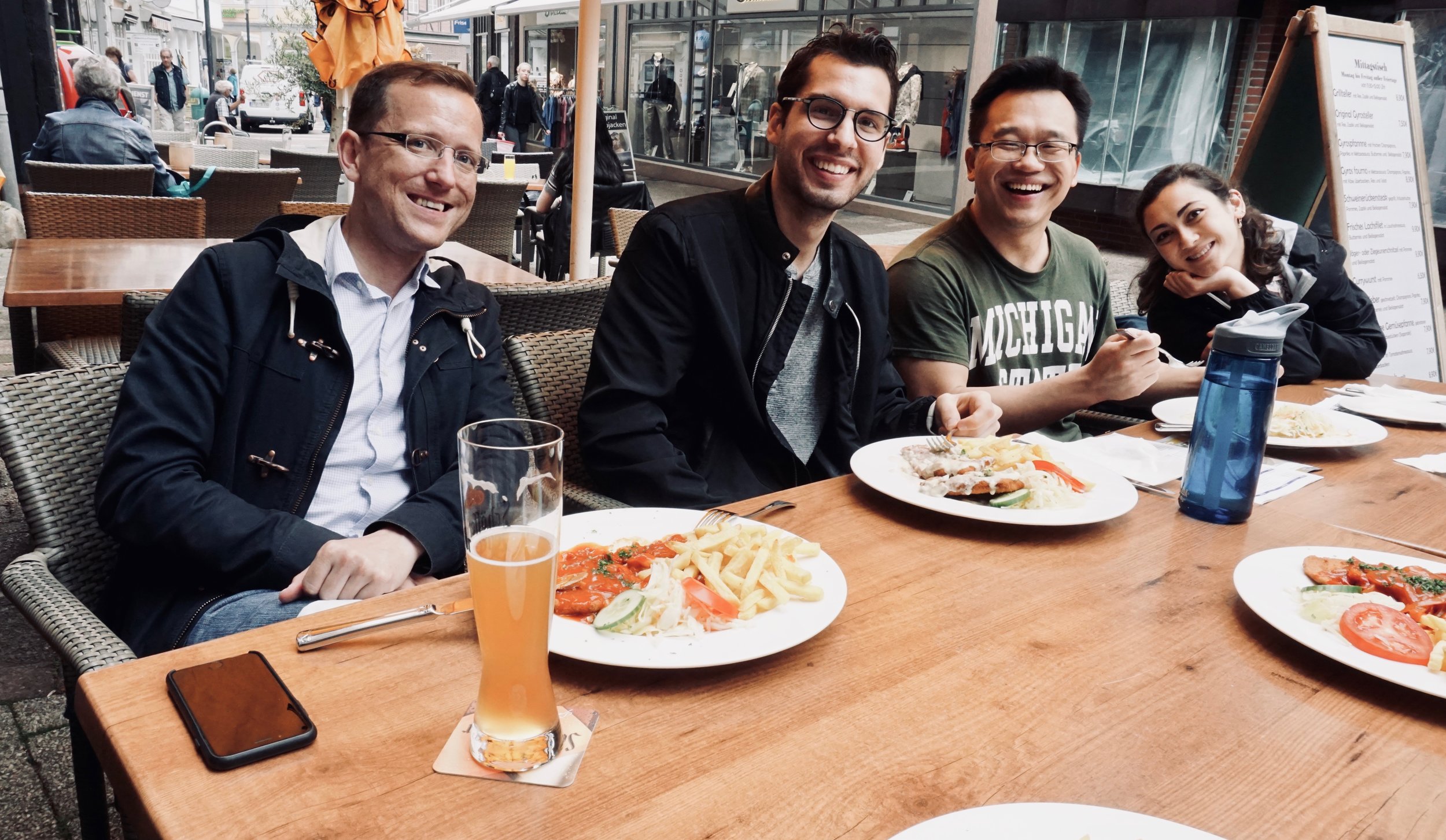 Chris, Nick, Cho, and Meg enjoy lunch in Stade, Germany.