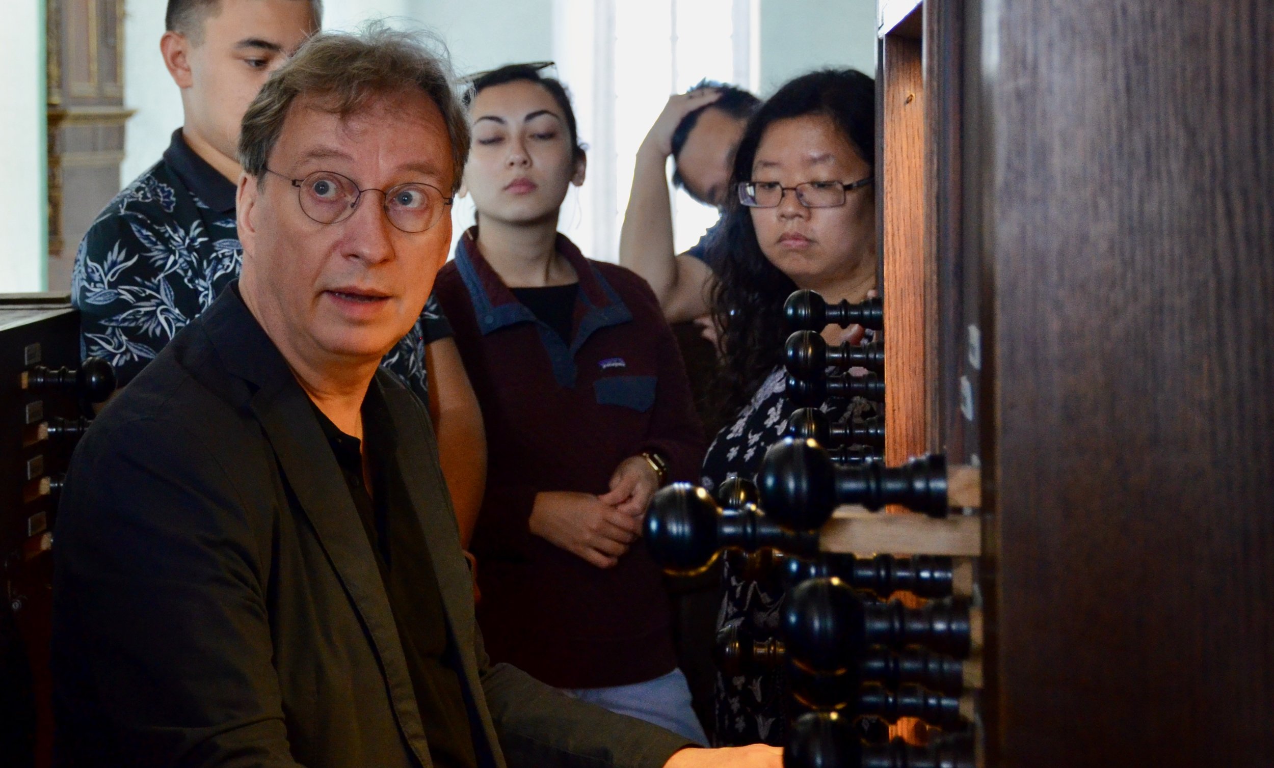 Prof. Arvid Gast demonstrates the 1637 Stellwagen Organ, St. Jakobi, Lübeck.