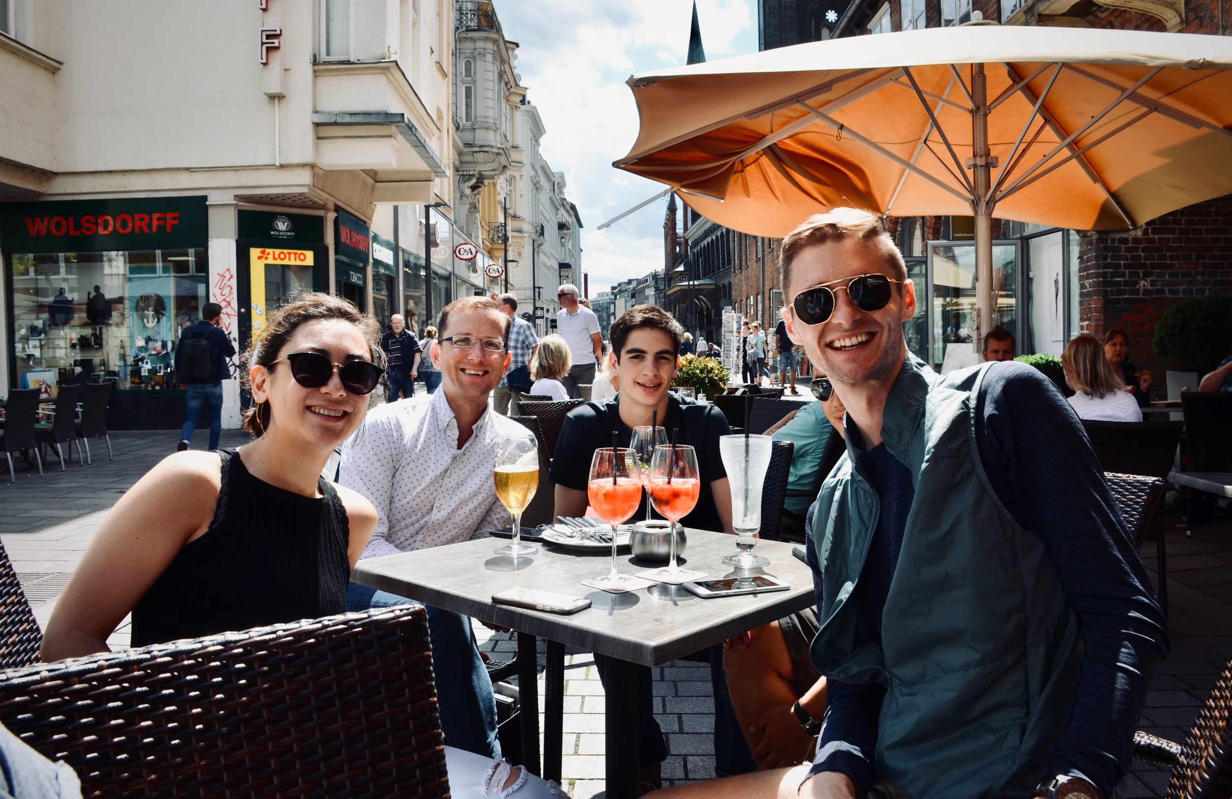 Meg Cutting, Christian Lane, Alex Marin, and Evan Currie enjoys lunch in Lübeck.