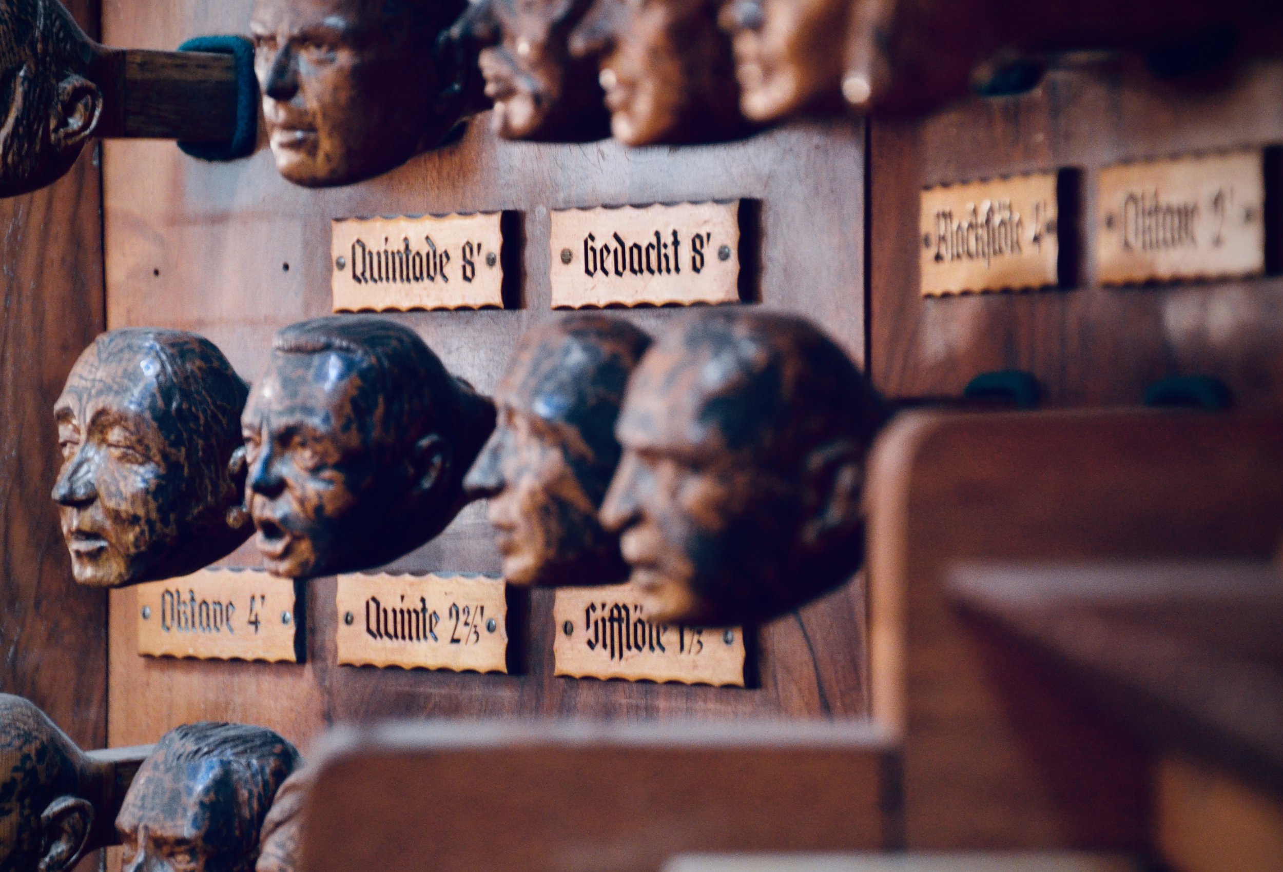  The old organ console of St. Jacobi, Hamburg, features the faces of financial donors carved as stop knobs. 