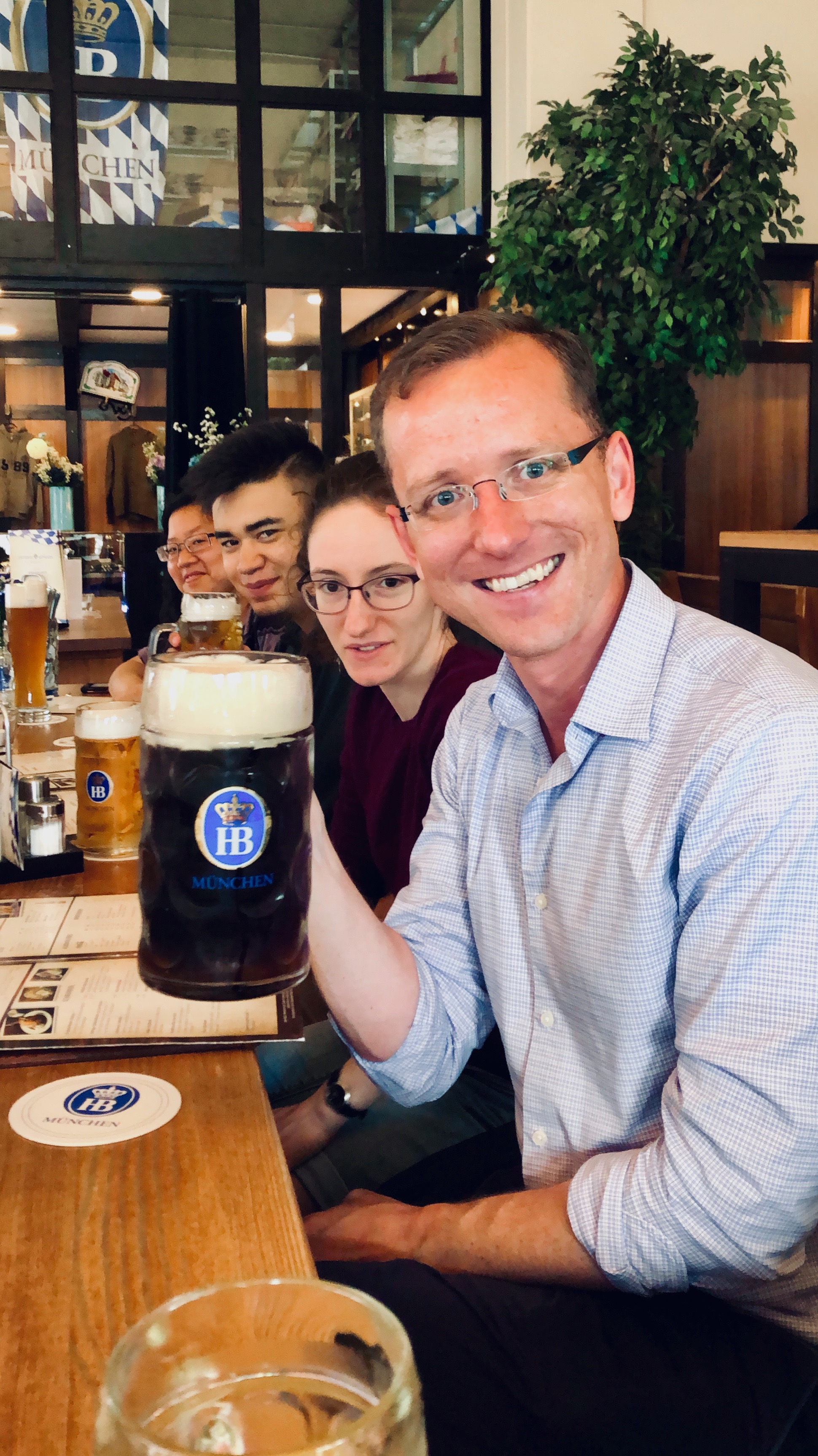 Enjoying a very large beer, and dinner, in Hamburg.