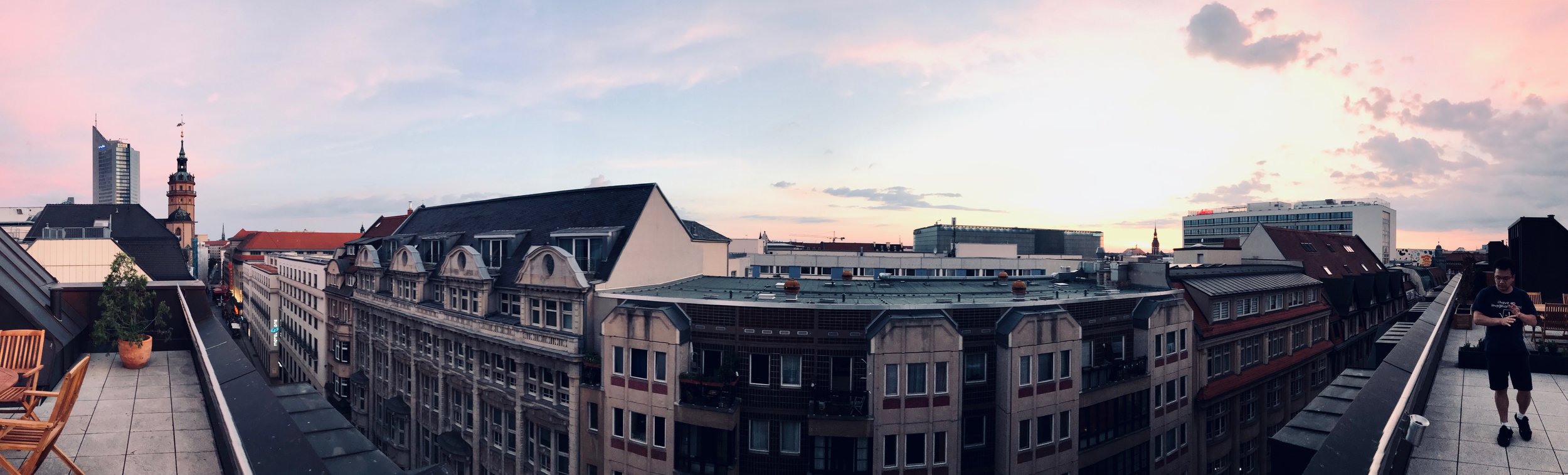 Panoramic view from our roof deck in central Leipzig.